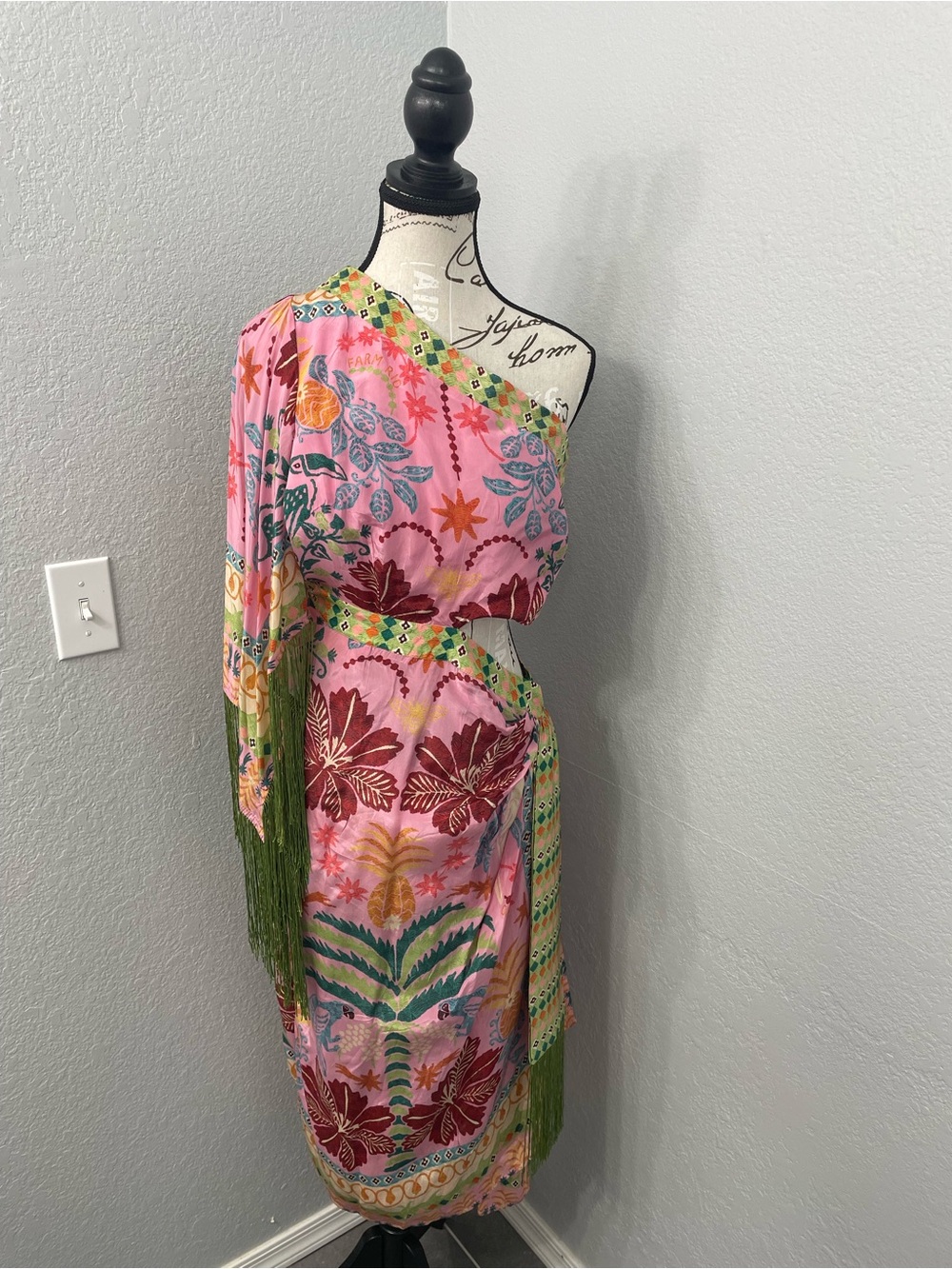 FARM Rio One-Shoulder Pink Floral Dress with Green Fringe